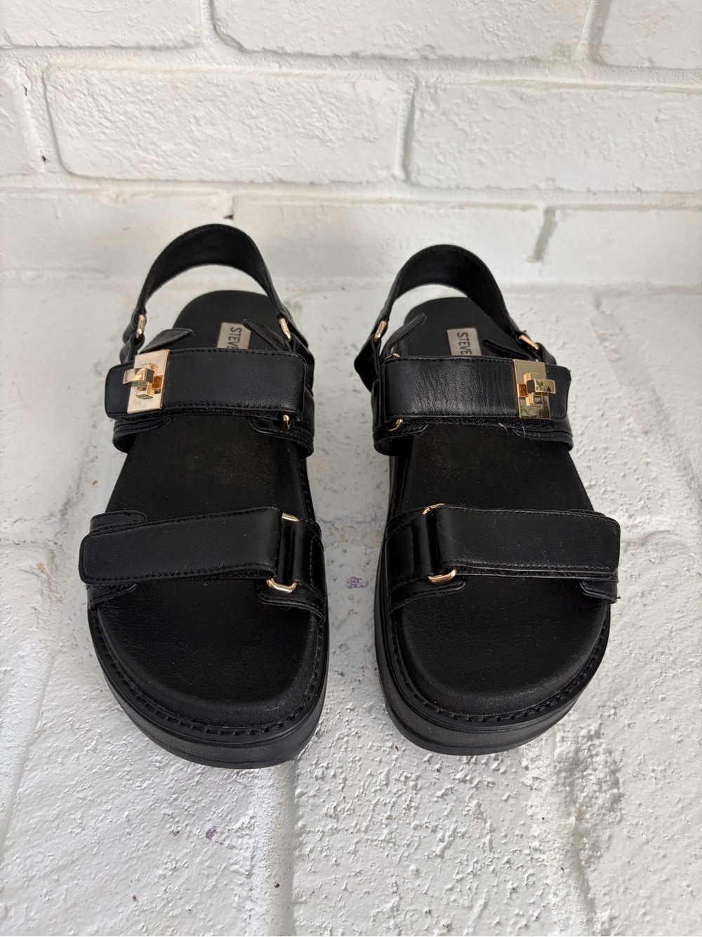 Steve Madden Black Leather Double-Strap Sandals with Gold Hardware